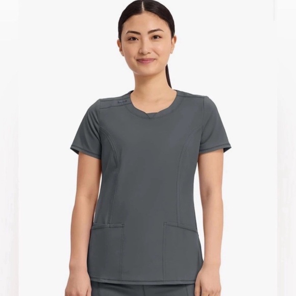 Cherokee infinity gray pewter scrub set round neck S top XS pet. Joggers NWT - Picture 9 of 15